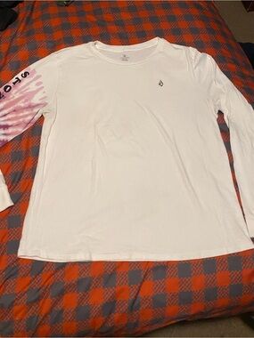 Volcom White Long Sleeve Shirt with Pink Tie-Dye Sleeve Accent